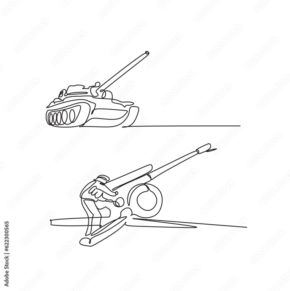 Vector tank and howitzer and continuous single line drawing, minimalism