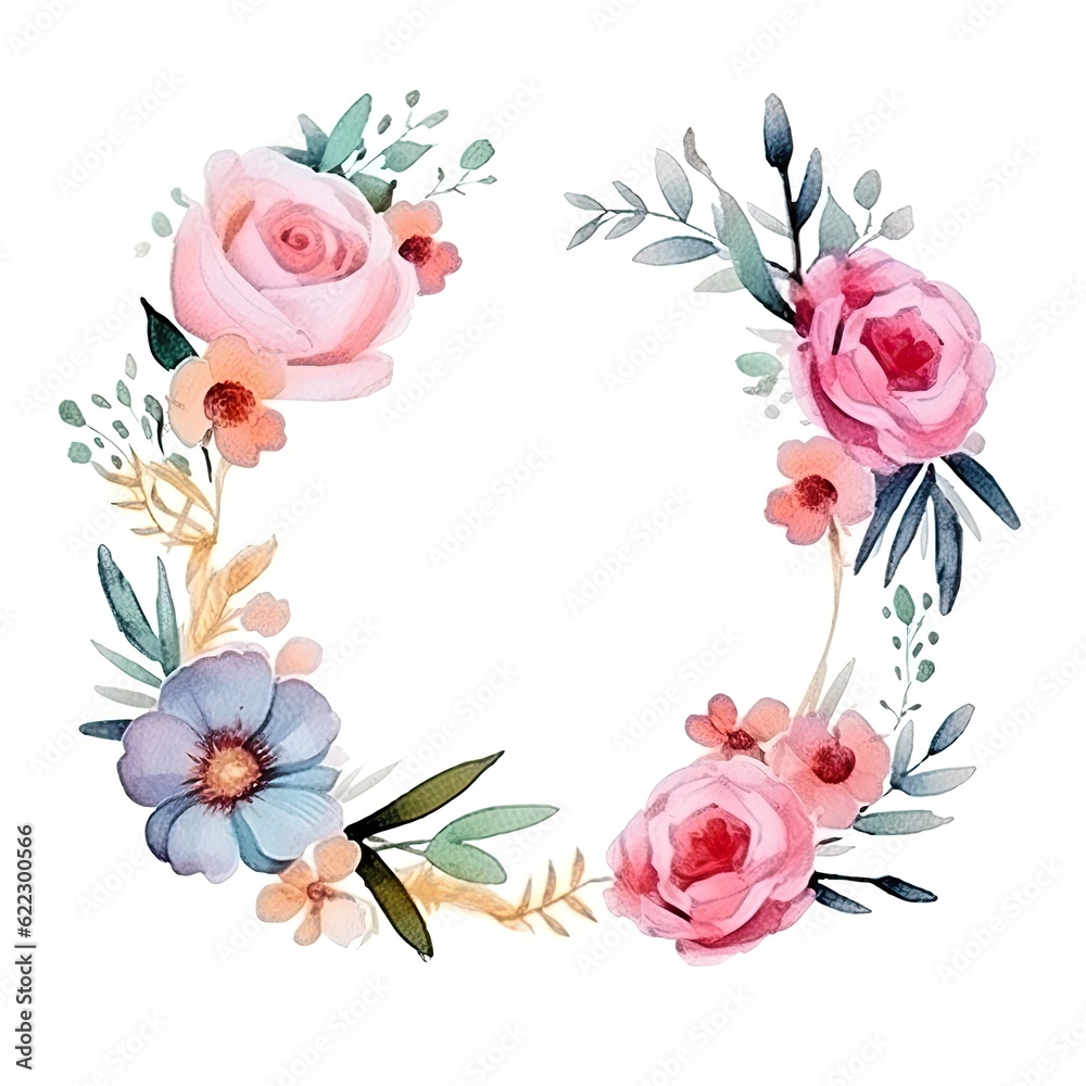 Watercolor floral frame.  Illustration AI Generative.