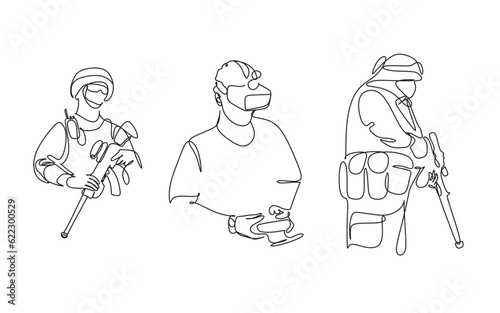 Soldier with weapon one line illustration set.