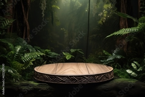 Rain forest with empty podium. Illustration AI Generative.