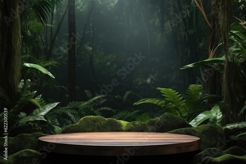Rain forest with empty podium. Illustration AI Generative.