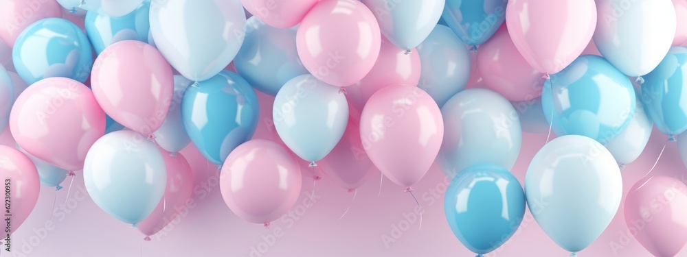 Baby party, celebration festive banner greeting card - Pastel pink and blue balloons, isolated on pink wall background (Generative Ai)