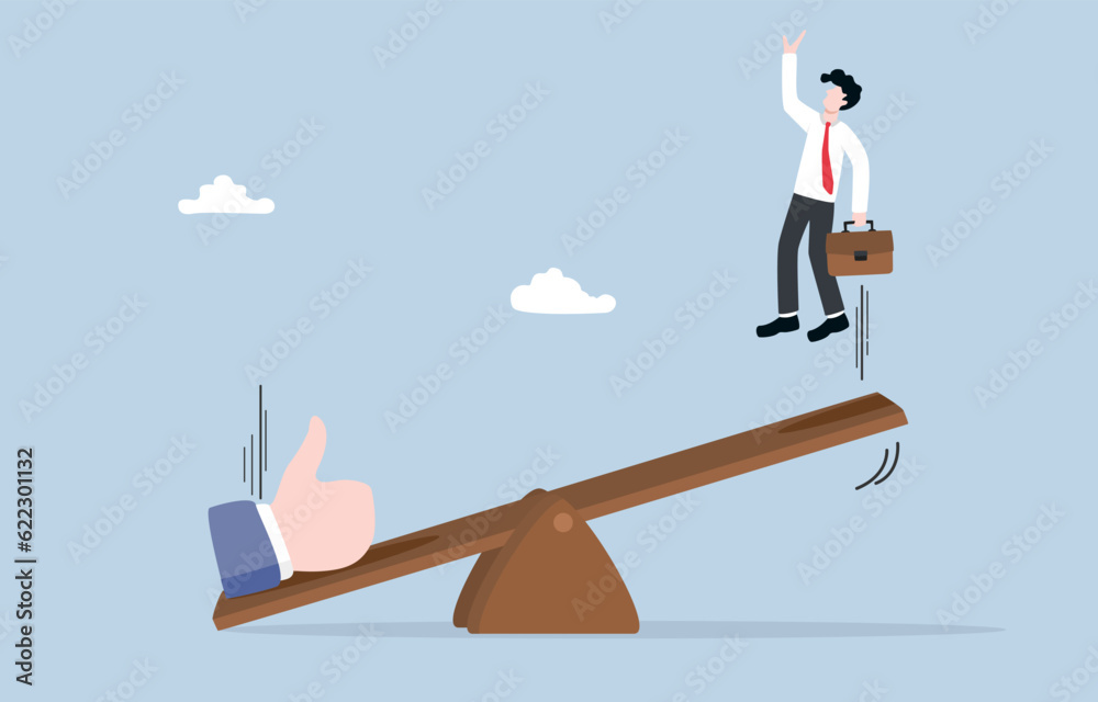 Obraz premium Encourage advancement of employee, feedback to support career growth, motivation in working concept, Thumbs up sign falling on seesaw to help businessman jump to sky.