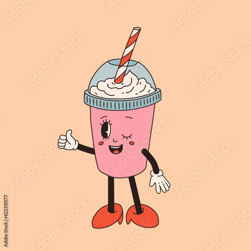 Retro poster with coffee mascot, cartoon characters, funny colorful doodle style characters, cappuccino, cocoa, latte, espresso. Vector illustration on beige isolated background.