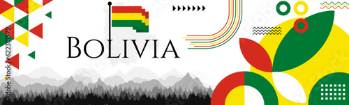 Bolivia Independence Day abstract banner design with flag and map. Flag color theme geometric pattern retro modern Illustration design. Red, yellow and Green flag color template.