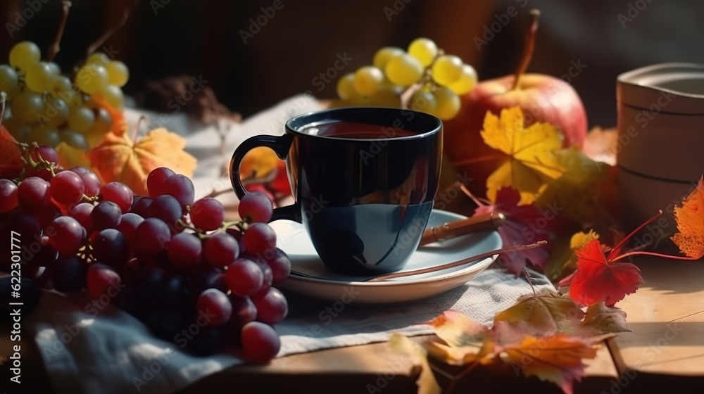 Cozy autumn still life with a cup of tea, Picnic on a Sunny Day with Red Grapes and Wine. Generative Ai