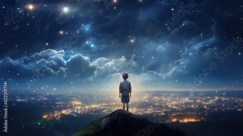girl at cliff with starry sky over city lights boom as background,