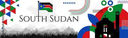 South Sudan Independence Day abstract banner design with flag and map. Flag color theme geometric pattern retro modern Illustration design. Blue, Red, Green flag color template.