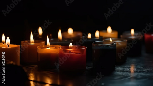 Three small burning candles black floor. Generative Ai