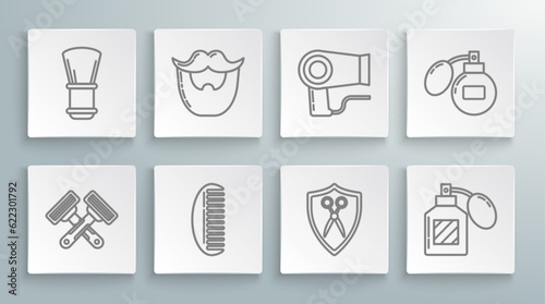 Set line Crossed shaving razor, Mustache and beard, Hairbrush, Scissors hairdresser shield, Aftershave, dryer, and Shaving icon. Vector