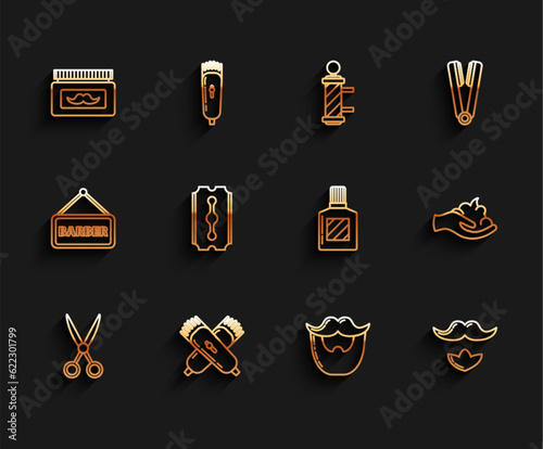 Set line Scissors hairdresser, Crossed electrical clipper shaver, Cream lotion cosmetic jar, Mustache and beard, Blade razor, Shaving gel foam hand and Aftershave icon. Vector