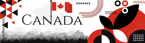 Canada Day abstract banner design with flag and map. Flag color theme geometric pattern retro modern Illustration design. Red color template.