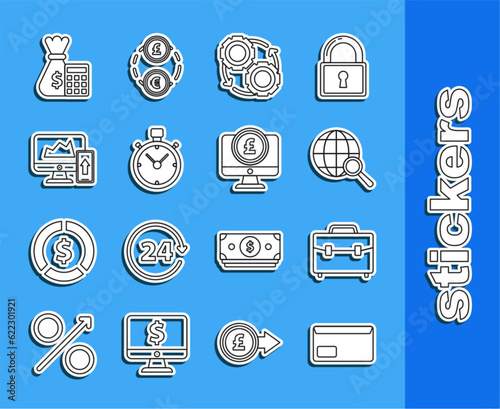 Set line Envelope, Gear and arrows workflow process concept, Stopwatch, Financial chart graph the computer monitor mobile phone, Calculator money bag and Computer pound sterling symbol icon. Vector