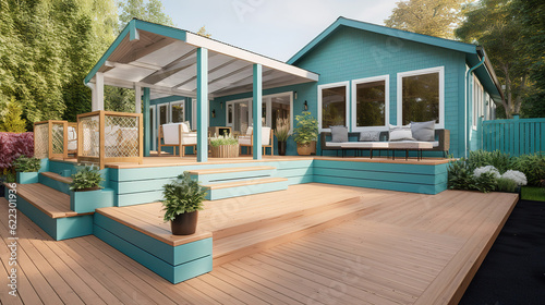 New above ground deck and patio of family home. Generative Ai