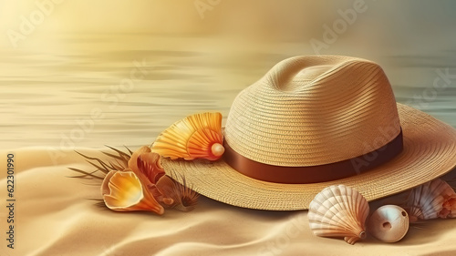 Summer beach with straw hat, seashells and sandals. Generative Ai