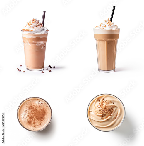 Set of coffee milkshakes top view and side view isolated on white background