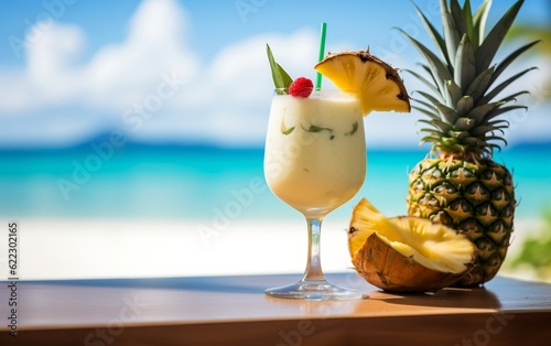 A refreshing pineapple drink with a beautiful garnish in a glass. Ai