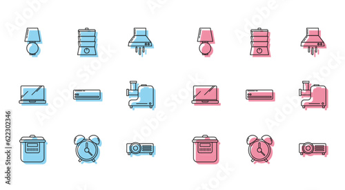 Set line Slow cooker, Alarm clock, Table lamp, Air conditioner, Kitchen meat grinder, Laptop and Double boiler icon. Vector