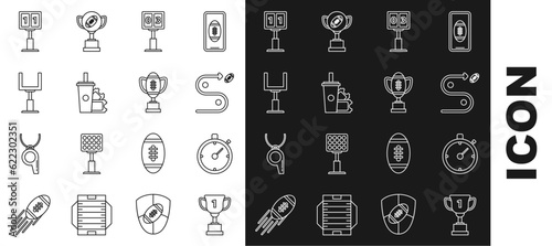 Set line Award cup, Planning strategy concept, Sport football mechanical scoreboard and result display, American Football ticket paper glass soda with drinking straw, goal post, and icon. Vector