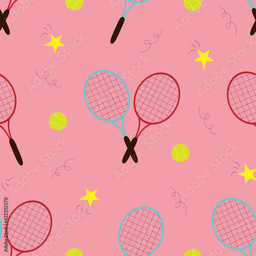 Vector seamless pattern with tennis rackets and balls in cartoon style. Vector tennis background