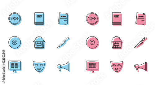Set line Buy cinema ticket online, Comedy theatrical mask, Under 18 years, Megaphone, Popcorn cardboard box, Knife, CD DVD disk and Scenario icon. Vector