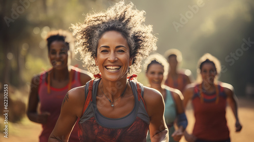 latin healthy woman with smile. healthy women fast and hard running outside on sunny day. full-body photo. generativeAI. marathon day. healthy and wellness woman. forest with bokeh background.