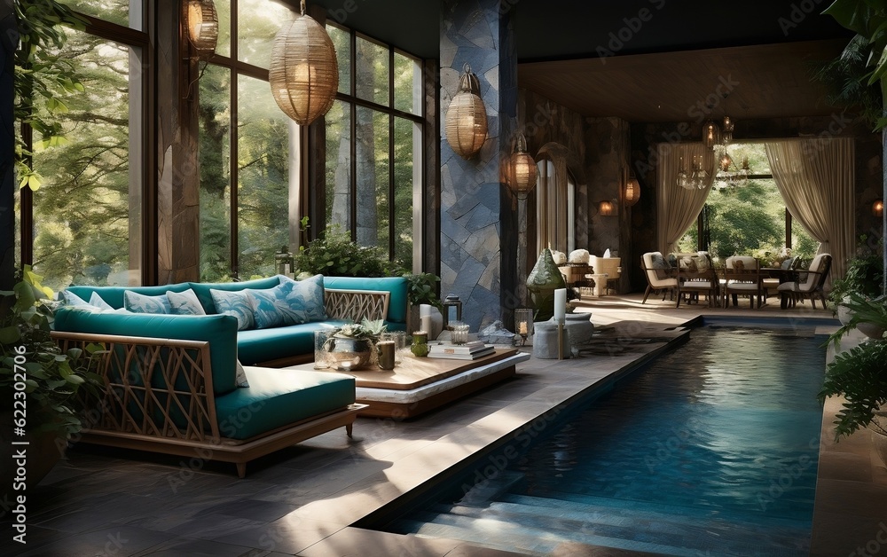 A modern living room with a stunning indoor pool as its centerpiece. AI