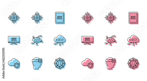 Set line Cloud technology data transfer and storage, Virtual reality glasses, Processor, Project team base, Internet of things, Monitor display with 5k video and icon. Vector