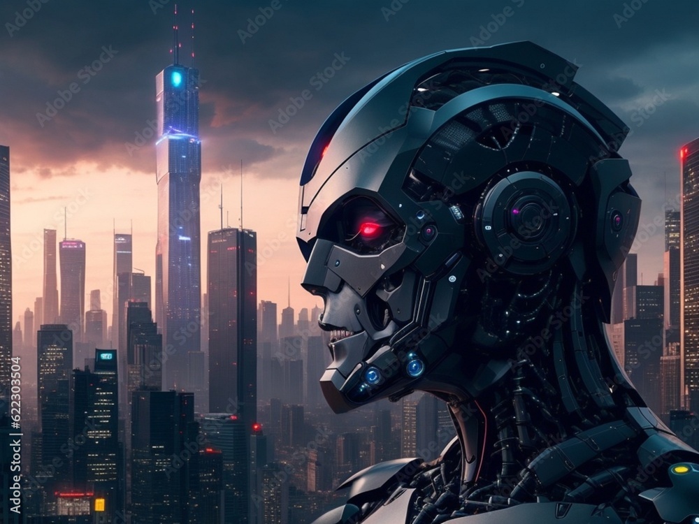 AI rules the city. Danger of strong artificial intelligence, threat to planet, future risk of bad scenario, creating dangerous ASI, scary superintelligence. Generative AI AI rules the city. Danger of strong artificial intelligence, threat to planet, future risk of bad scenario, creating dangerous ASI, scary superintelligence. Generative AI