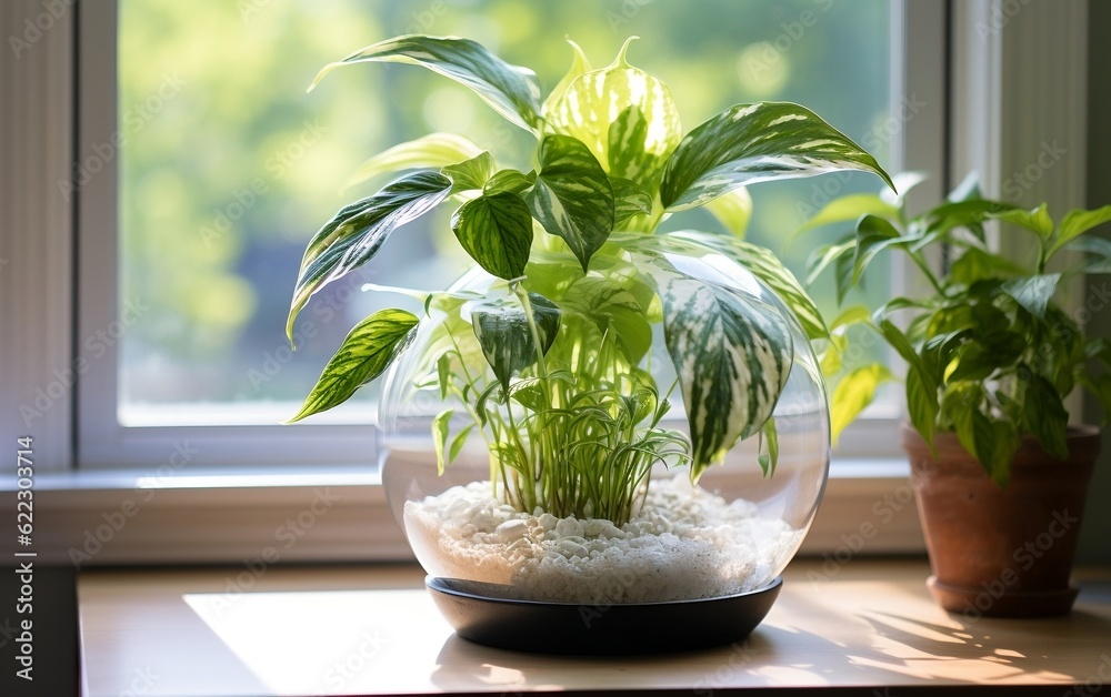 A potted plant sitting on top of a table next to a window. AI