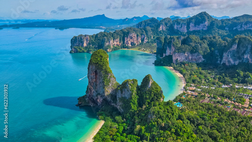 Railay Beach Krabi Thailand, the tropical beach of Railay Krabi, Drone aerial view of Panoramic view of idyllic Railay Beach in Thailand with a huge limestone rocks from above with drone photo