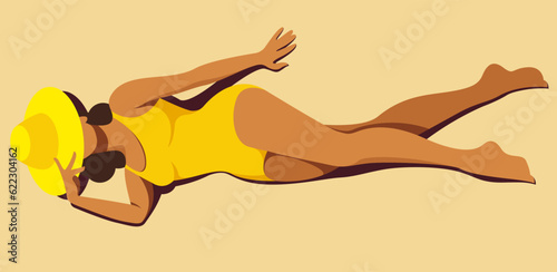 vector image of a beautiful tanned girl with a perfect figure in a yellow retro swimsuit and a hat is sunbathing on the beach on a sand. useful for summer holidays, resorts, hotels, beaches, vacations