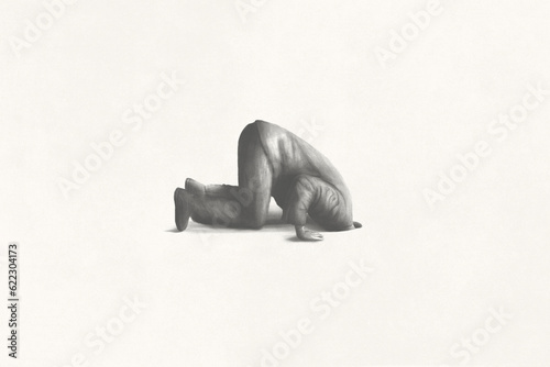 Foto illustration of man burying head under the ground, surreal fear and shame concep
