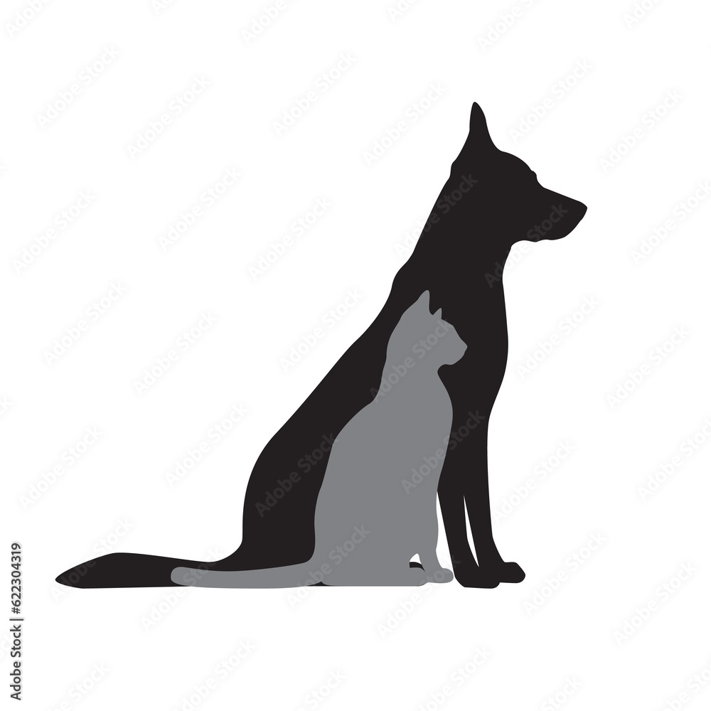 Dog and cat profile black silhouettes. Pets shadow side view. Illustration on transparent background