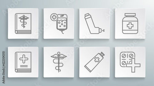 Set line Medical book, IV bag, Caduceus snake medical symbol, Ointment cream tube medicine, Pills blister pack, Inhaler, Medicine bottle and icon. Vector