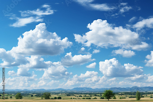 A blue sky with fluffy white clouds, representing a positive and optimistic business environment, business background Generative AI