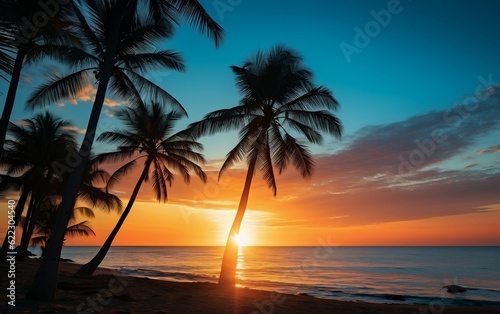 A beautiful sunset over the ocean with palm trees. AI © Umar
