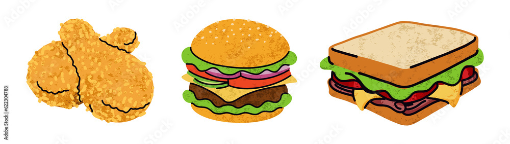 fast food, cartoon icons set, simple flat style, street high calorie food illustration.