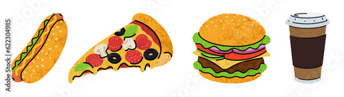 fast food  cartoon icons set  simple flat style  street high calorie food illustration.