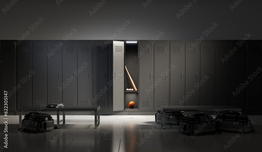 Dark School Locker Room with Baseball Equipment and Metal Lockers. Sport