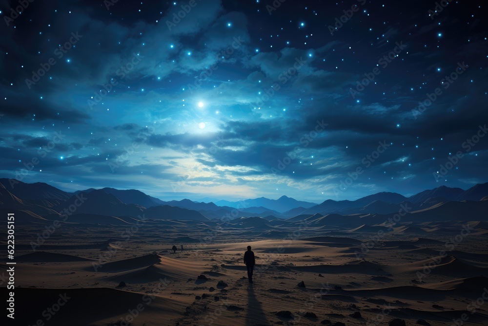 Stairway to Infinity: An Enigmatic Figure Ascending a Sand Dune, Captivated by the Ethereal Night Sky Generative AI