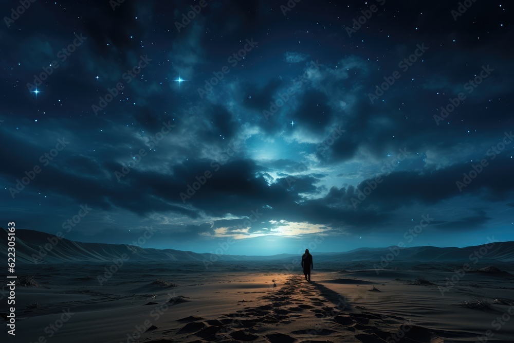 Sands of Wonder: The Contemplative Silhouette Gazing at the Night Sky Adorned with Countless Sparkling Stars Generative AI