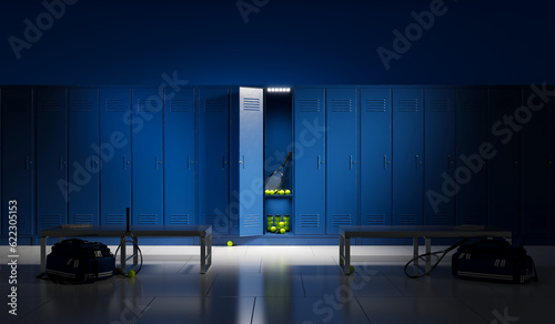 Dark School Locker Room with Tennis Equipment and Metal Lockers. Sport