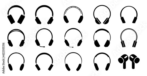 Black headphones icon collection. Set of music headphones icons. Vector headphones icon