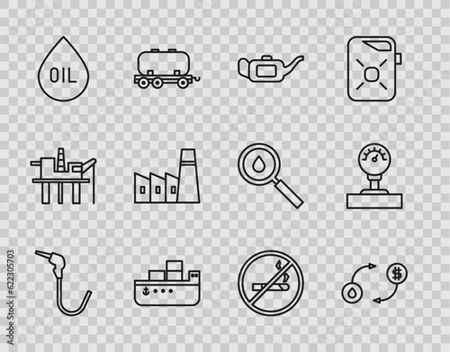 Set line Gasoline pump nozzle, Oil exchange, Canister for motor oil, tanker ship, drop, industrial factory building, No Smoking and Gauge scale icon. Vector
