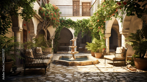 Fotografering A cool and refreshing courtyard in a Syrian home, with a fountain, a tiled floor, and a vine-covered pergola