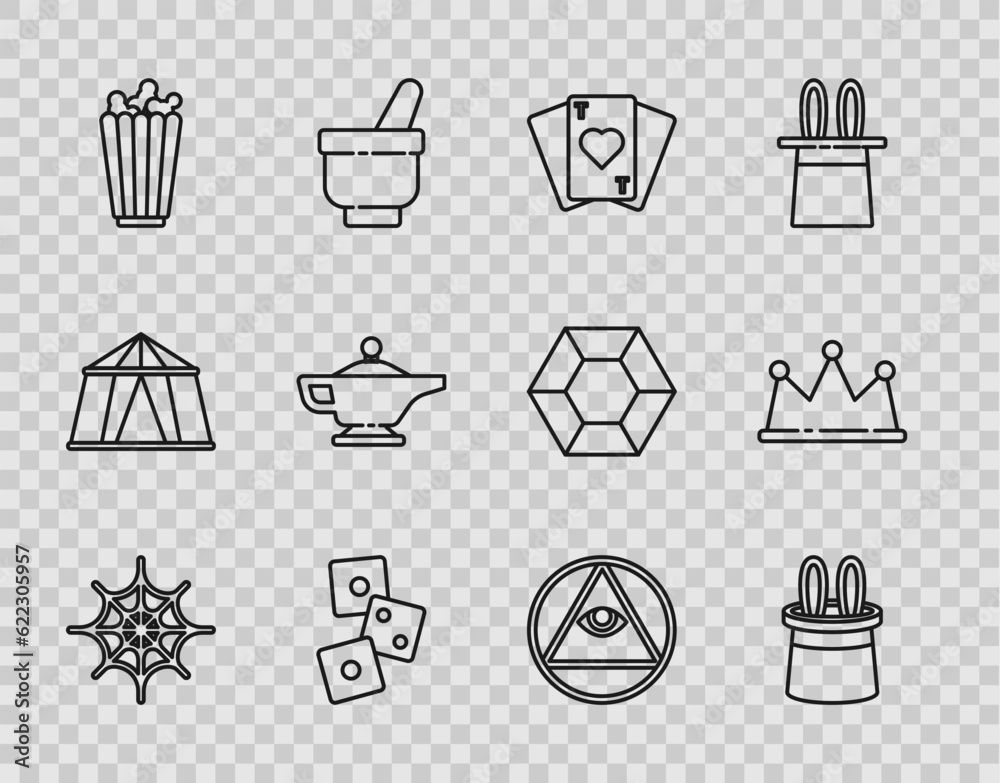 Set line Spider web, Magician hat and rabbit ears, Playing cards, Game dice, Popcorn box, lamp Aladdin, Masons and Crown icon. Vector