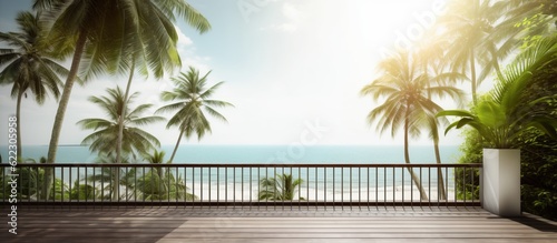 summer delight wooden balcony patio deck with sunlight and coconut tree panorama view house interior mock up design background house balcony daylight generative ai