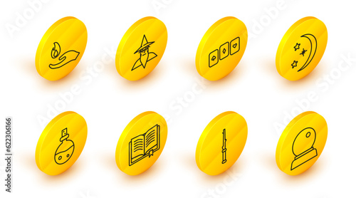 Set line Magic ball, wand, Ancient magic book, Bottle with love potion, Moon stars, Playing cards, Wizard warlock and Hand holding fire icon. Vector