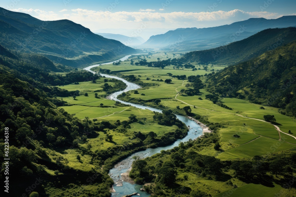 Where Serenity Takes Flight: A Stunning Aerial Display of a Meandering River Flowing through a Luxuriant Valley, With a Solitary Kayak Embarking on a Journey of Solitude Generative AI